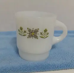 VINTAGE FIRE KING WHITE WITH GREEN FLORAL DESIGN COFFEE CUP MUG