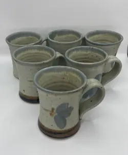 VINTAGE HANDMADE STUDIO ART POTTERY MUGS SET OF 6 WHITE & BLUE FLOWER SIGNED
