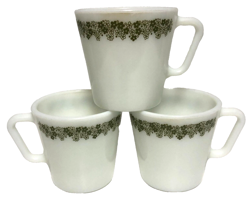 VTG SET OF 3 PYREX SPRING BLOSSOM CRAZY DAISY D-HANDLE CUPS MUGS MILK GLASS