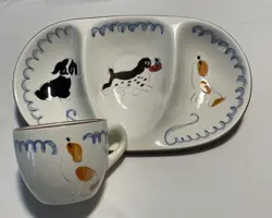 VINTAGE STANGL POTTERY KIDDIEWARE PLAYFUL PUPS DIVIDED DISH & CUP MUG SET