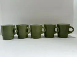 SET OF 5 VINTAGE GREEN  FIRE KING ANCHOR HOCKING MUG STACKING COFFEE CUPS