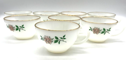 VINTAGE FIRE KING OVEN WARE ANNIVERSARY ROSE W GOLD MILK GLASS TEACUPS SET OF 8