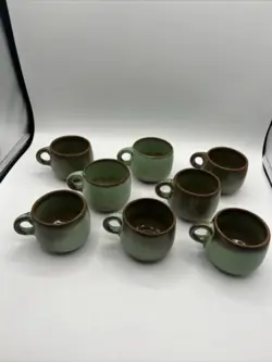 SET OF 8 VINTAGE FRANKOMA 4C PRAIRIE GREEN COFFEE CUPS