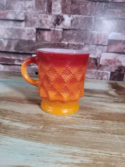 FIRE KING KIMBERLY DIAMOND ORANGE OMBRE MILK GLASS COFFEE MUG RETRO VINTAGE