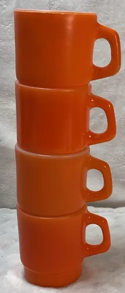 4-VINTAGE FIRE KING ANCHOR HOCKING ORANGE STACKING COFFEE MUG CUP