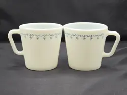 VINTAGE PYREX MILK GLASS MUGS BLUE SNOWFLAKE GARLAND SET OF 2