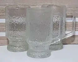 VINTAGE INDIANA GLASS CRYSTAL ICE PATTERN, TREE BARK TEXTURED MUGS SET OF 3