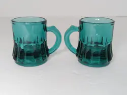 LOT OF 2 VINTAGE FEDERAL GLASS MINI BEER MUG TOOTHPICK HOLDER SHOT GLASS TEAL