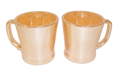 PAIR OF VINTAGE ANCHOR HOCKING FIRE KING PEACH LUSTER D HANDLE MUGS CUPS