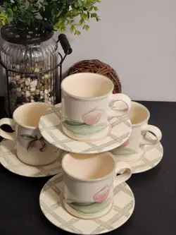 VTG PFALTZGRAFF GARDEN PARTY SET OF 4 MUGS WITH SAUCERS EXCELLENT CONDITION USA