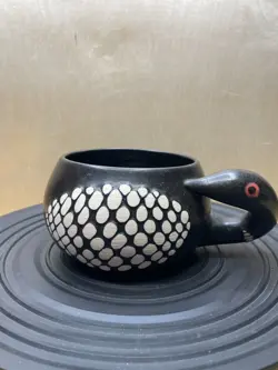 VTG SIGNED STEPHEN SCHIFFER BLACK WHITE LOON BIRD ART POTTERY BOWL MUG - LOVELY!