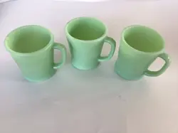 3 VTG FIRE KING 11-19 D HANDLE COFFEE CUP MUG GREEN GLASS 1950S OVEN WARE USA