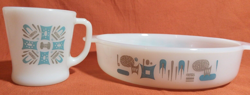 VINTAGE ANCHOR HOCKING FIRE KING BLUE HEAVEN ATOMIC CASSEROLE DISH AND MUG