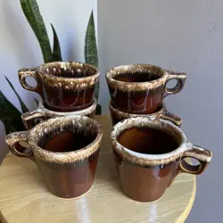 SET OF 6 VINTAGE HULL POTTERY OVEN PROOF USA BROWN DRIP GLAZE COFFEE MUGS CUPS