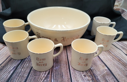 RARE 1940S VINTAGE MCM HOMER LAUGHLIN TOM & JERRY PUNCH BOWL SET WITH 6 MUGS