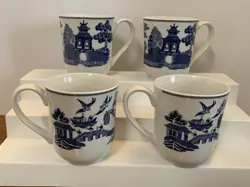 4 VTG JOHNSON BROS ENGLAND 1883 BLUE WILLOW COFFEE MUGS PAGODA TREES BIRDS
