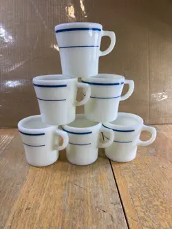 VINTAGE PYREX MILK GLASS COFFEE CUPS MUGS CORNING BLUE STRIPE BAND SET OF 6