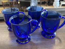 SET OF 4 VINTAGE ANCHOR HOCKING COBALT BLUE FOOTED MUGS 16 OUNCE D HANDLE