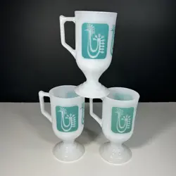 VTG MCM SET OF 3 FEDERAL MILK GLASS PEDESTAL MUGS DANISH TURQUOISE ROOSTER