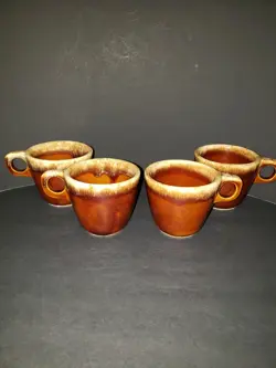 VTG LOT 4 HULL & MCCOY US BROWN DRIP GLAZE POTTERY OVEN PROOF COFFEE MUG CUP