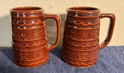 2 ~ VINTAGE HULL MARCREST BROWN DAISY DOT STONEWARE COFFEE CUP MUG BEER STEIN 5