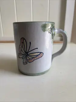 VINTAGE LOUISVILLE STONEWARE COFFEE MUG CUP BUTTERFLIES FLOWERS