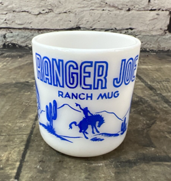 VTG RANGER JOE RANCH MUG HAZEL ATLAS BLUE CHILDRENS D HANDLE MILK GLASS MUG