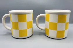 VINTAGE PFALTZGRAFF MERIMEKKO OY YELLOW CHECKER COFFEE MUG SET OF (2) USA