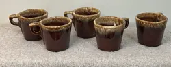 SET OF 5 VINTAGE HULL POTTERY OVEN PROOF USA BROWN DRIP GLAZE COFFEE MUGS CUPS