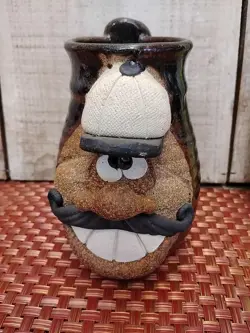 VINTAGE UGLY SIGNED 3D FACE MUG ART POTTERY COFFEE CUP HANDMADE STONEWARE
