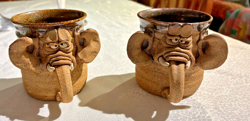2 VINTAGE HAND THROWN POTTERY CLAY MUG 3D UGLY FUNNY ELEPHANT FACE COFFEE 1976