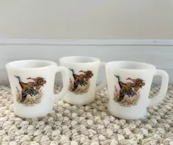 VINTAGE SET 3 FIRE KING GLASS MUG GAME BIRDS OVEN WARE 3 3/8