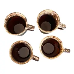 VINTAGE HULL POTTERY OVEN PROOF USA BROWN DRIP GLAZE COFFEE MUGS CUPS SET OF 4