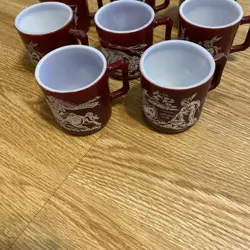 * SET 8 VINTAGE MAROON HAZEL ATLAS INDIAN NATIVE AMERICAN MILK GLASS MUGS CUPS