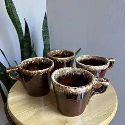 SET OF 4 VINTAGE HULL POTTERY OVEN PROOF USA BROWN DRIP GLAZE COFFEE MUGS *FLAWS