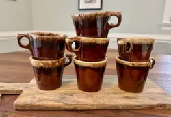 VINTAGE HULL POTTERY OVEN PROOF USA BROWN DRIP GLAZE COFFEE MUGS CUPS SET OF 7