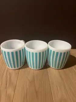3 VINTAGE HAZEL ATLAS TURQUOISE CANDY STRIPE MILK GLASS MUG/CUPS  MCM