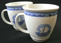 NEW~2~VINT~2009~SAIL AWAY~FOLKCRAFT~TIENSHAN~STONEWARE~COFFEE MUG~BLUE~SAIL