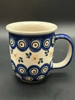 VTG BOLESLAWIEC WIZA POLISH POTTERY BLUE FLORAL  COFFEE MUG YELLOW FLOWERS