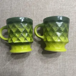 2 VINTAGE ANCHOR HOCKING FIRE KING KIMBERLY DIAMOND MILK GLASS MUGS GREEN OMBR