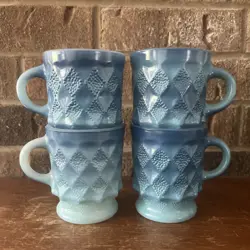 4 VINTAGE ANCHOR HOCKING FIRE KING BLUE COFFEE CUP MUG KIMBERLY DIAMOND PATTERN