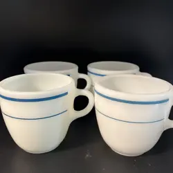 FOUR VINTAGE PYREX CAFETERIA MESS HALL 723 MILK GLASS TEAL BLUE STRIPE BAND MUGS