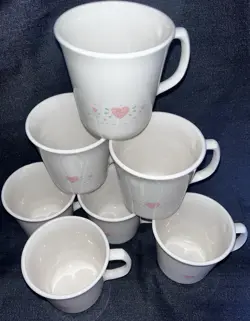 VINTAGE CORNING CORELLE FOREVER YOURS  PINK HEARTS SET OF 8 COFFEE MUGS D HANDLE