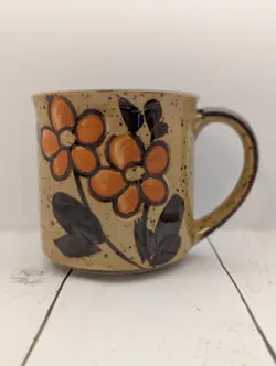 VTG OTAGIRI STYLE STONEWARE MUG SPECKLED W/ ORANGE FLOWERS  BROWN CREAM TAN
