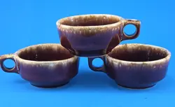 3 VINTAGE HULL POTTERY SOUP MUG BROWN DRIP GLAZE CUP BOWL OVEN PROOF USA