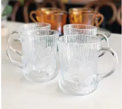 SET OF 4 ARCOROC CANTERBURY CROCUS MUGS 10 OZ EMBOSSED CLEAR GLASS VINTAGE