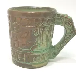 VINTAGE FRANKOMA MAYAN-AZTEC MUG (7CL) PRAIRIE GREEN SAPULPA CLAY