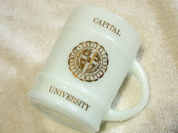 VTG FIRE KING CAPITAL UNIVERSITY OHIO MILK WHITE BARREL MUG COLLEGE EXPENSES