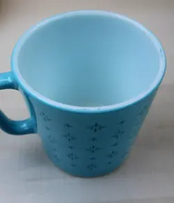 VINTAGE PYREX TURQUOISE BLUE FOULARD ATOMIC STARBURST D HANDLE 1410 GLASS MUG
