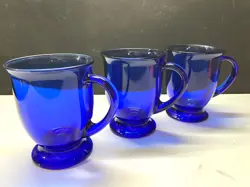 VINTAGE ANCHOR HOCKING COBALT BLUE 16 OZ. GLASS CAFE MUGS 5 IN. SET OF 3 MCM